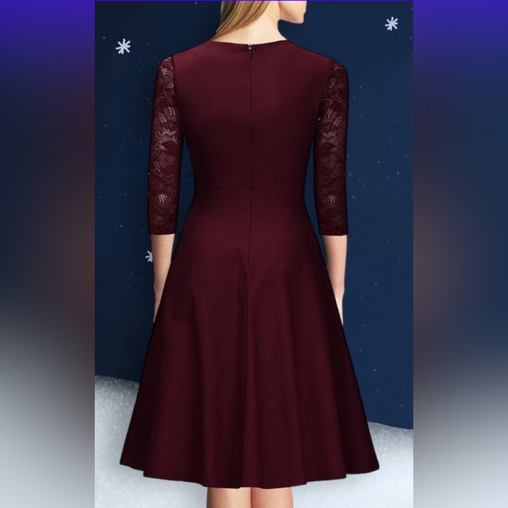 NWT. Vintage Square Neck Floral Lace 2/3 Sleeve Cocktail Swing Dress(KY1023) - Picture 4 of 7
